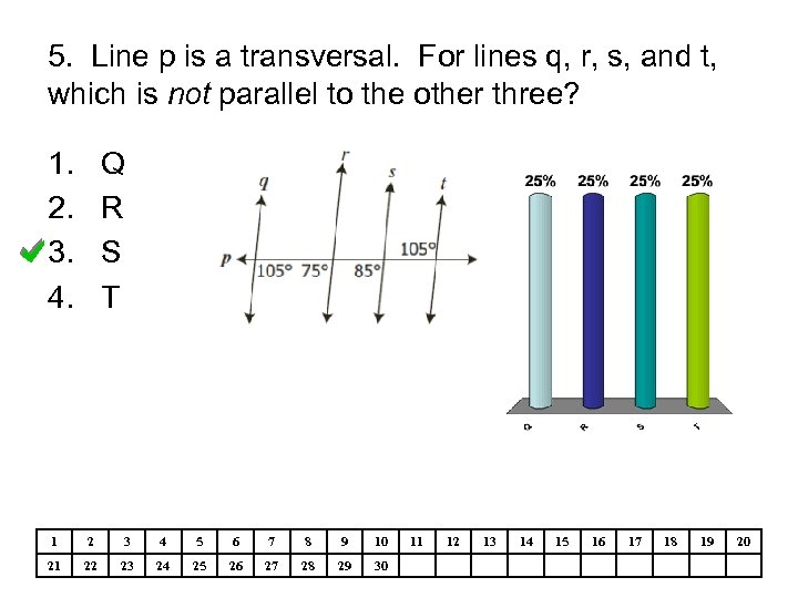 5. Line p is a transversal. For lines q, r, s, and t, which