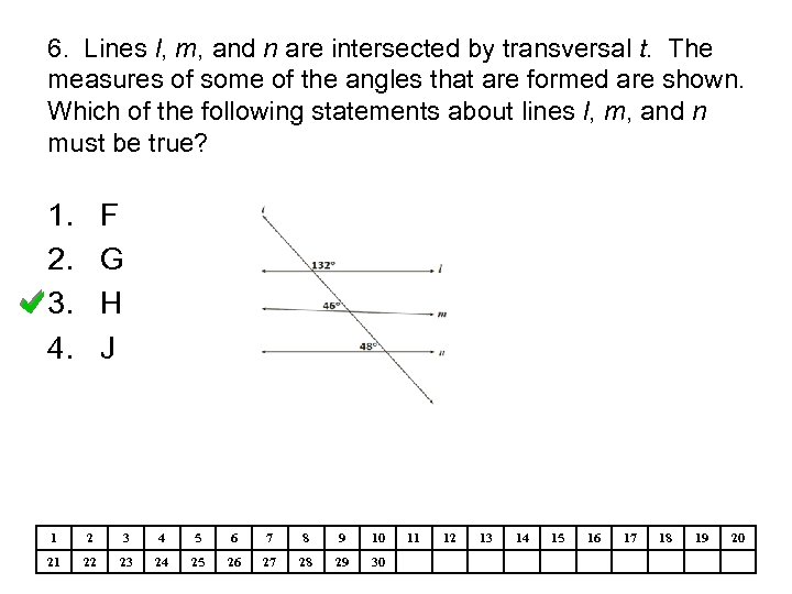 6. Lines l, m, and n are intersected by transversal t. The measures of