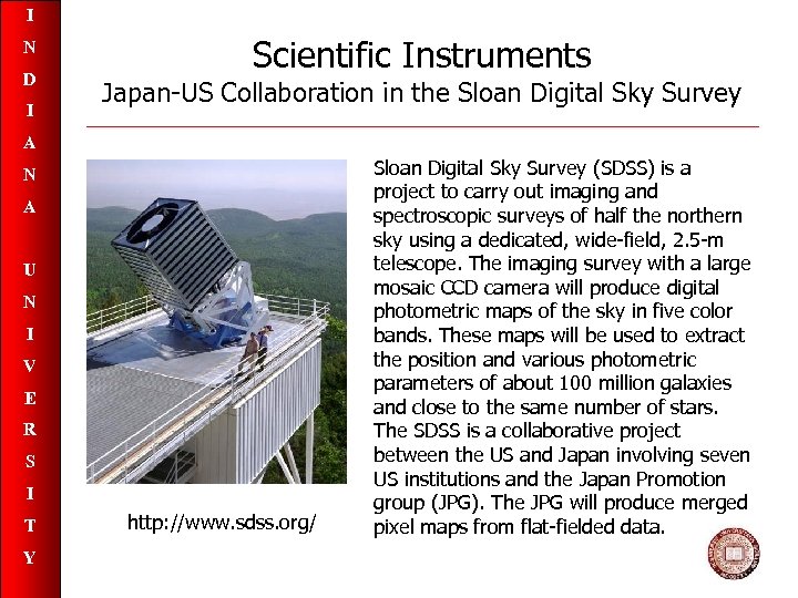 I N D I Scientific Instruments Japan-US Collaboration in the Sloan Digital Sky Survey