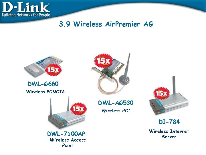 3. 9 Wireless Air. Premier AG DWL-G 660 Wireless PCMCIA DWL-AG 530 Wireless PCI