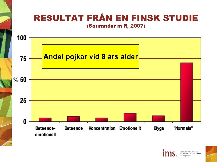 RESULTAT FRÅN EN FINSK STUDIE (Sourander m fl, 2007) Andel pojkar vid 8 års