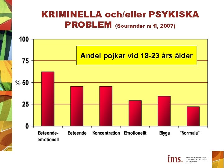 KRIMINELLA och/eller PSYKISKA PROBLEM (Sourander m fl, 2007) Andel pojkar vid 18 -23 års