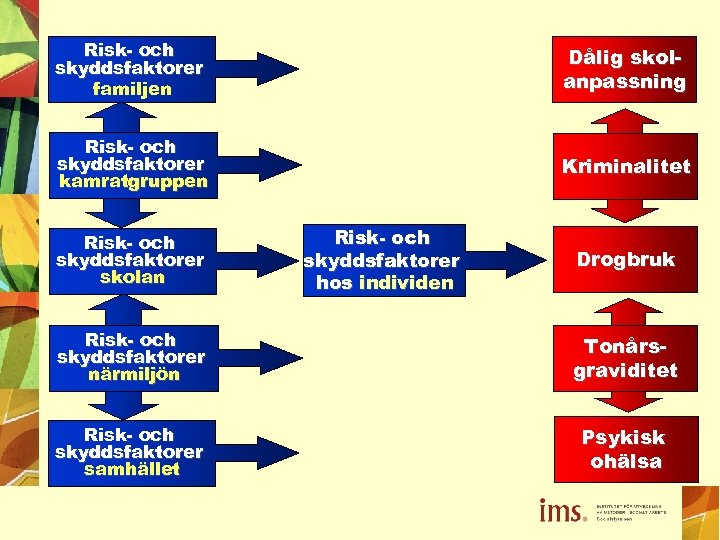 Risk- och skyddsfaktorer familjen Dålig skolanpassning Risk- och skyddsfaktorer kamratgruppen Kriminalitet Risk- och skyddsfaktorer