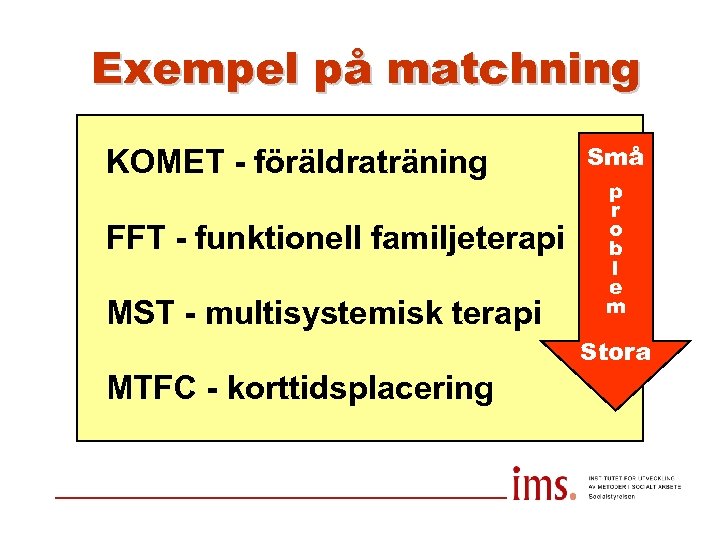 Exempel på matchning KOMET - föräldraträning FFT - funktionell familjeterapi MST - multisystemisk terapi