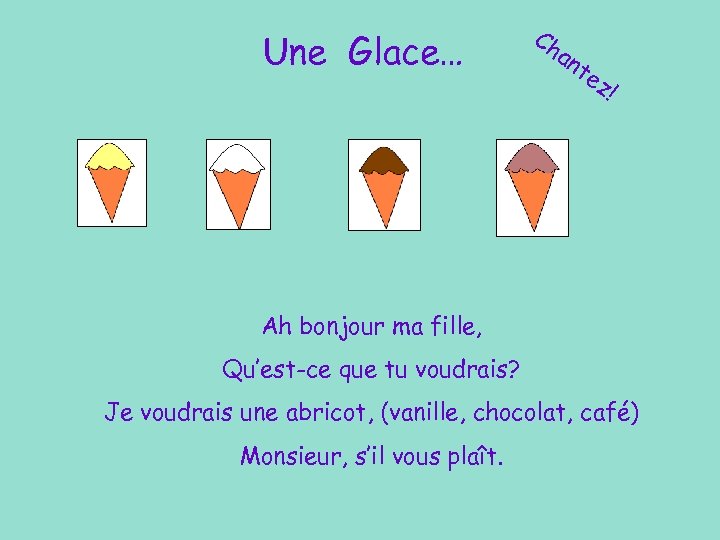 Une Glace… Ch an t ez ! Ah bonjour ma fille, Qu’est-ce que tu