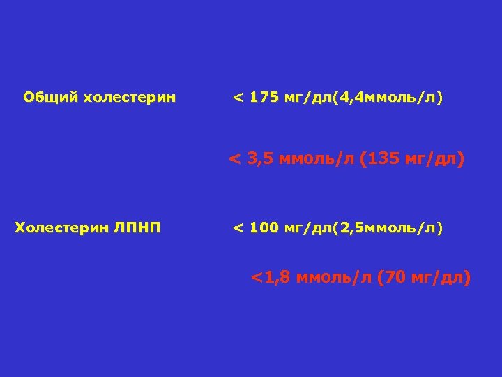 Общий холестерин < 175 мг/дл(4, 4 ммоль/л) < 3, 5 ммоль/л (135 мг/дл) Холестерин