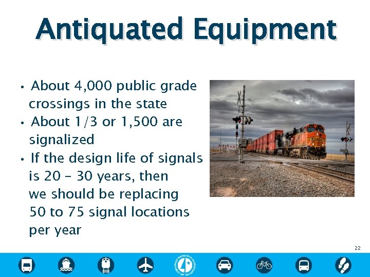 Antiquated Equipment • • • About 4, 000 public grade crossings in the state