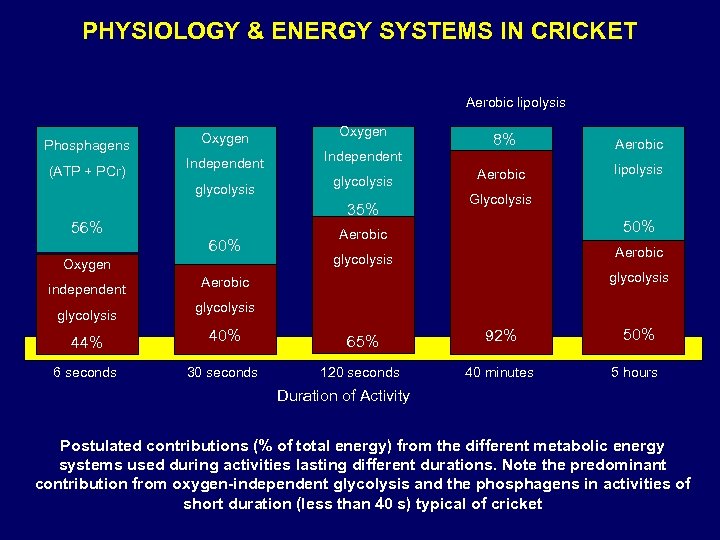 PHYSIOLOGY & ENERGY SYSTEMS IN CRICKET Aerobic lipolysis Phosphagens (ATP + PCr) Oxygen Independent