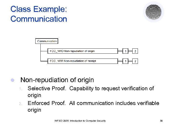 Class Example: Communication l Non-repudiation of origin 1. 2. Selective Proof. Capability to request