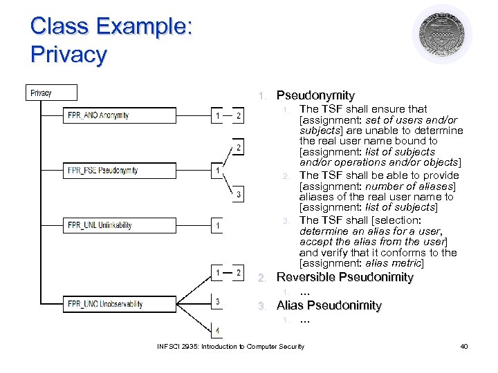 Class Example: Privacy 1. Pseudonymity 1. 2. 3. 2. Reversible Pseudonimity 1. 3. The