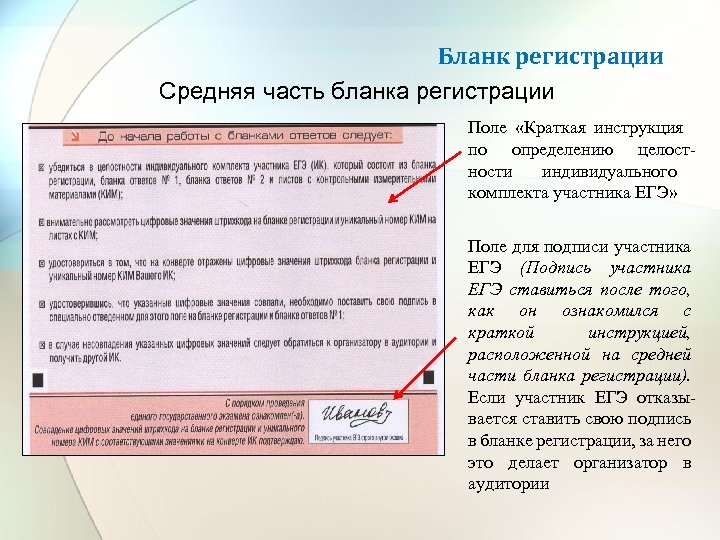 Бланк регистрации Средняя часть бланка регистрации Поле «Краткая инструкция по определению целостности индивидуального комплекта