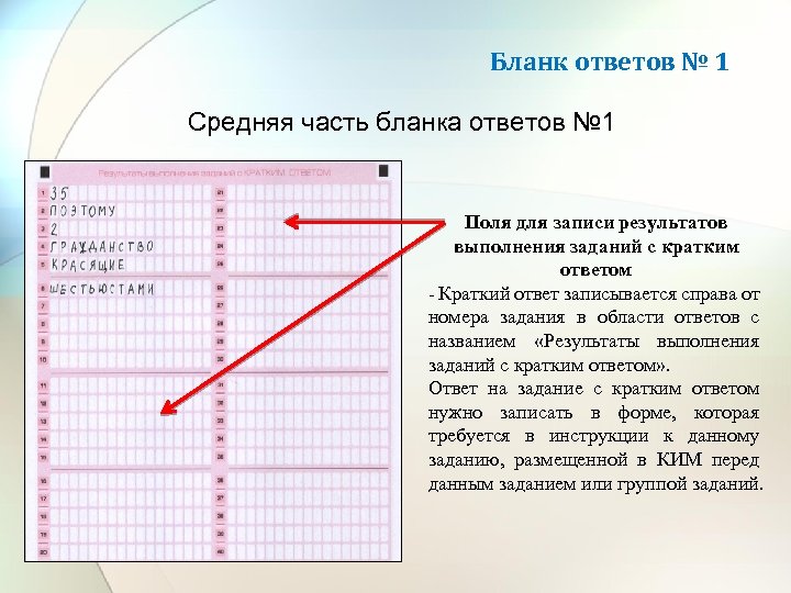 Бланк ответов № 1 Средняя часть бланка ответов № 1 Поля для записи результатов