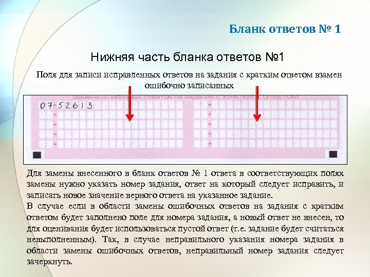 Бланк ответов № 1 Нижняя часть бланка ответов № 1 Поля для записи исправленных