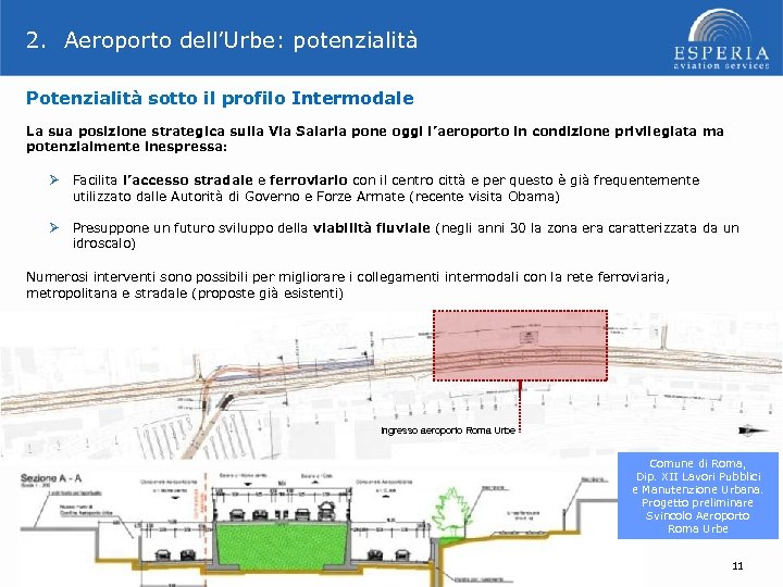 2. Aeroporto dell’Urbe: potenzialità Potenzialità sotto il profilo Intermodale La sua posizione strategica sulla