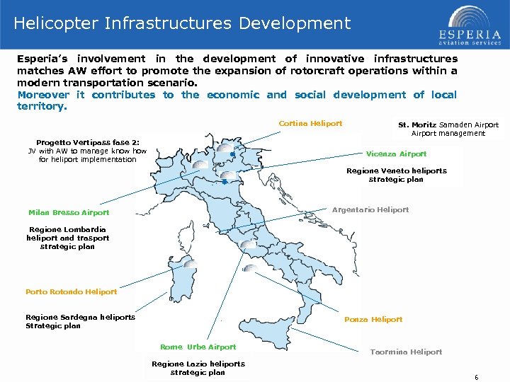 Helicopter Infrastructures Development Esperia’s involvement in the development of innovative infrastructures matches AW effort