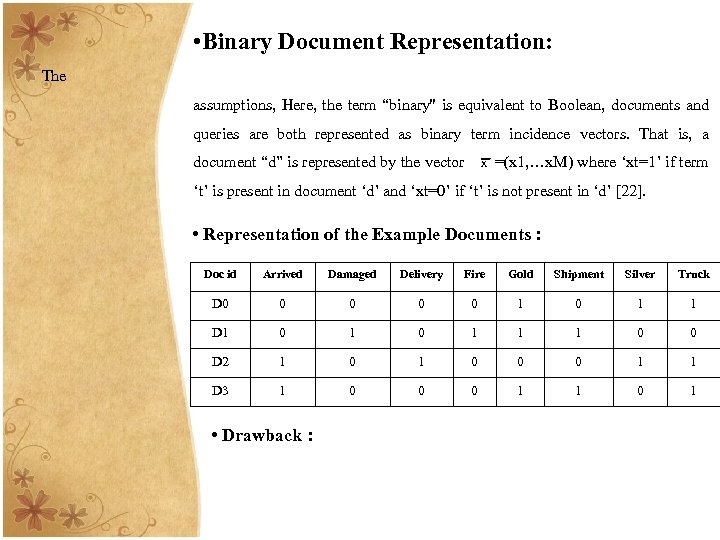  • Binary Document Representation: The assumptions, Here, the term “binary'' is equivalent to