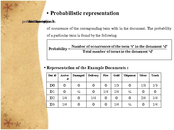  • Probabilistic representation probabilityscheme In denotesevery the of vector this component of occurrence