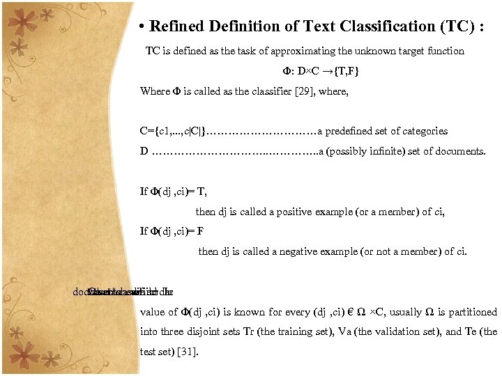 • Refined Definition of Text Classification (TC) : TC is defined as the