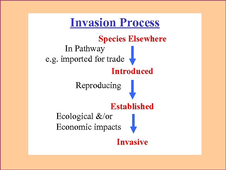 Invasion Process Species Elsewhere In Pathway e. g. imported for trade Introduced Reproducing Established