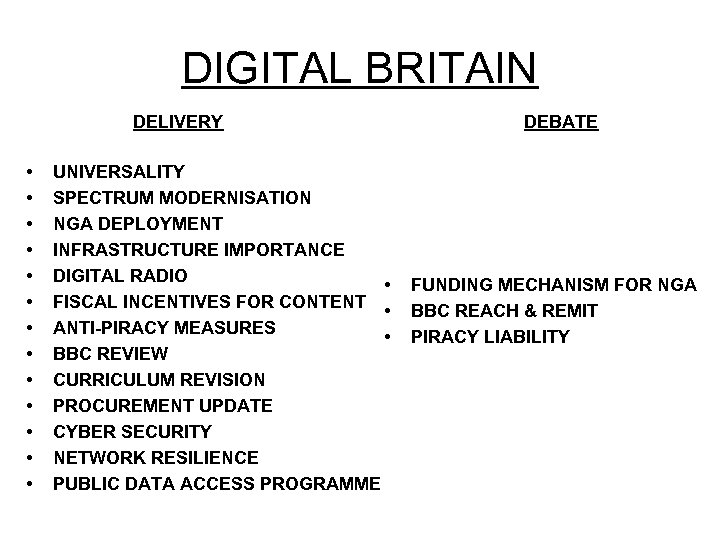 DIGITAL BRITAIN DELIVERY • • • • UNIVERSALITY SPECTRUM MODERNISATION NGA DEPLOYMENT INFRASTRUCTURE IMPORTANCE