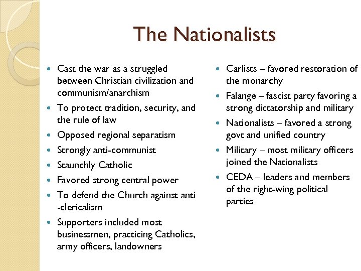 The Nationalists Cast the war as a struggled between Christian civilization and communism/anarchism To