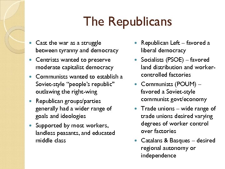 The Republicans Cast the war as a struggle between tyranny and democracy Centrists wanted