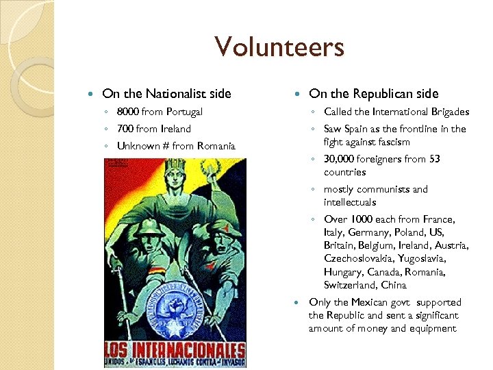 Volunteers On the Nationalist side ◦ 8000 from Portugal ◦ 700 from Ireland ◦