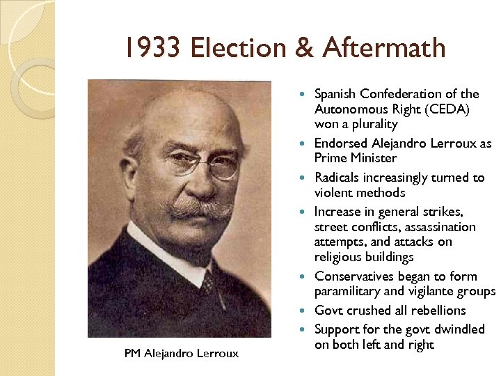 1933 Election & Aftermath PM Alejandro Lerroux Spanish Confederation of the Autonomous Right (CEDA)