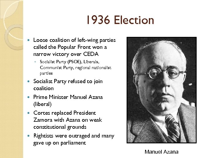 1936 Election Loose coalition of left-wing parties called the Popular Front won a narrow