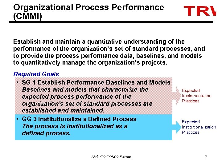 Organizational Process Performance (CMMI) Establish and maintain a quantitative understanding of the performance of