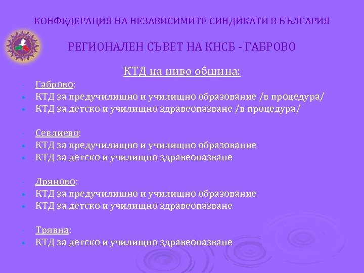 КОНФЕДЕРАЦИЯ НА НЕЗАВИСИМИТЕ СИНДИКАТИ В БЪЛГАРИЯ РЕГИОНАЛЕН СЪВЕТ НА КНСБ - ГАБРОВО КТД на