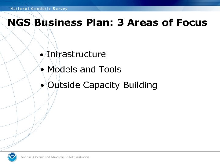 NGS Business Plan: 3 Areas of Focus • Infrastructure • Models and Tools •