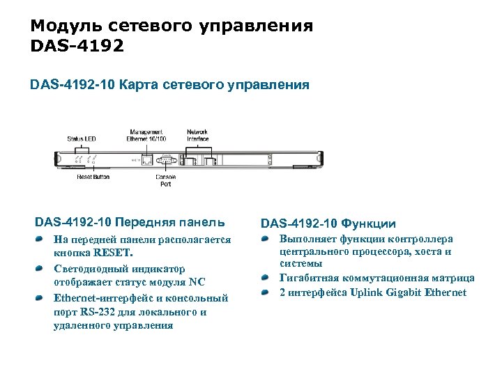 Модуль сетевого управления DAS-4192 -10 Карта сетевого управления DAS-4192 -10 Передняя панель На передней