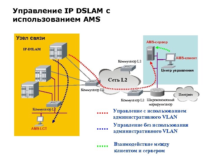 Управление IP DSLAM с использованием AMS Узел связи AMS-сервер IP-DSLAM AMS-клиент Коммутатор L 2