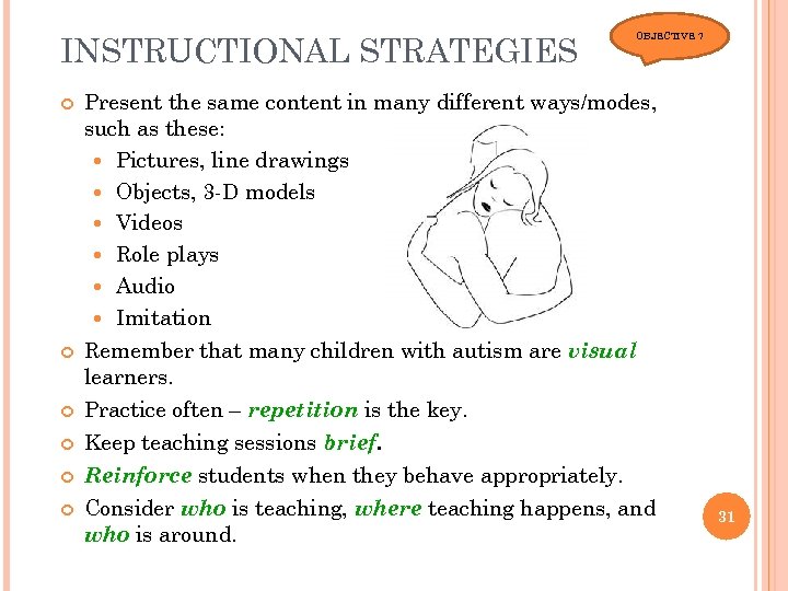 INSTRUCTIONAL STRATEGIES OBJECTIVE 7 Present the same content in many different ways/modes, such as