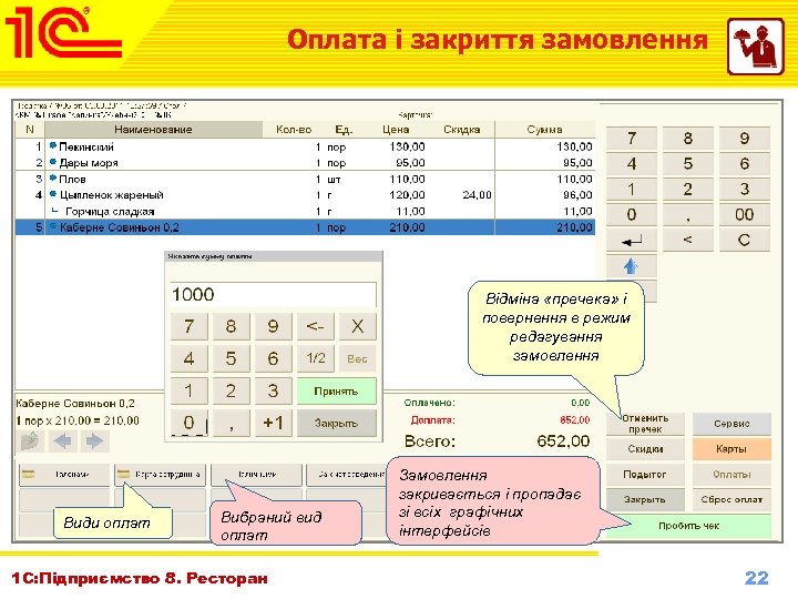Оплата і закриття замовлення Відміна «пречека» і повернення в режим редагування замовлення Види оплат