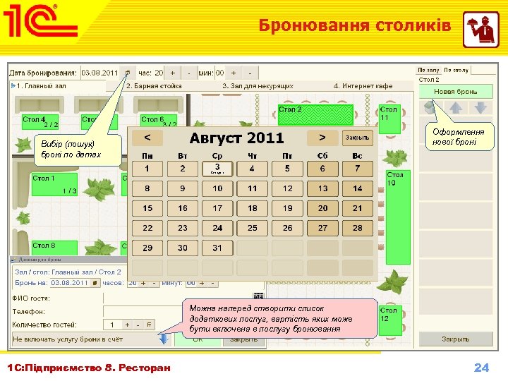 Бронювання столиків Оформлення нової броні Вибір (пошук) броні по датах Можна наперед створити список