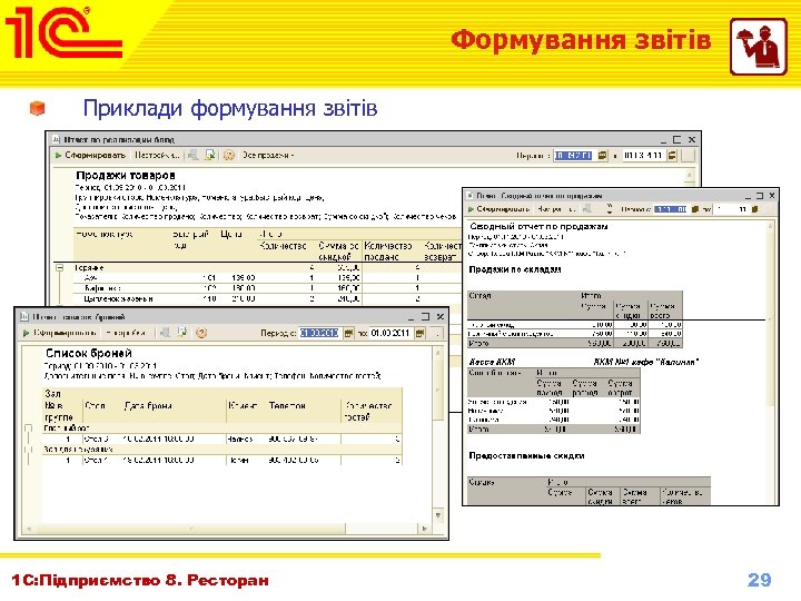 Формування звітів Приклади формування звітів 1 С: Підприємство 8. Ресторан Октябрь 2010 г. www.
