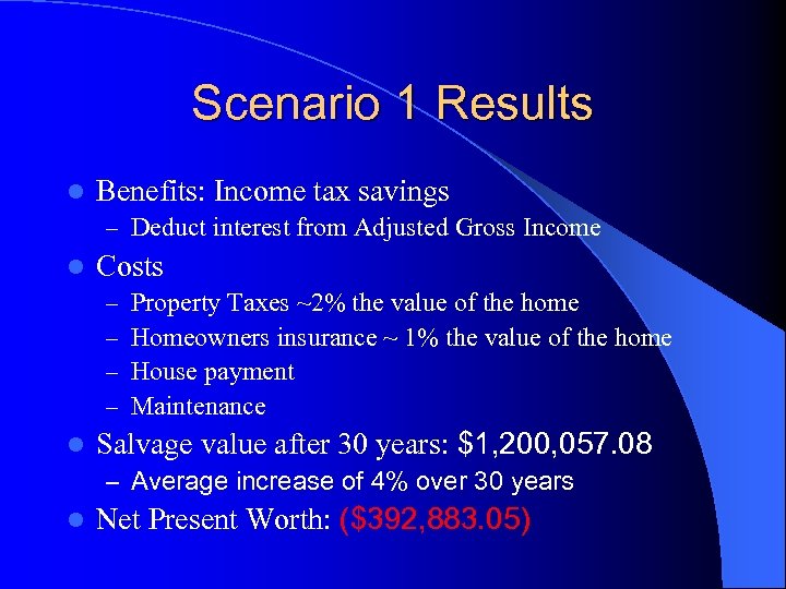 Scenario 1 Results l Benefits: Income tax savings – Deduct interest from Adjusted Gross