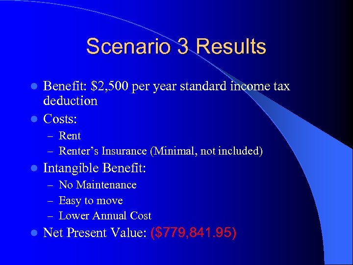 Scenario 3 Results Benefit: $2, 500 per year standard income tax deduction l Costs: