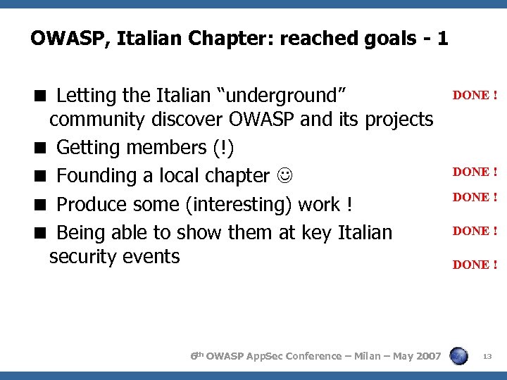 OWASP, Italian Chapter: reached goals - 1 < Letting the Italian “underground” community discover