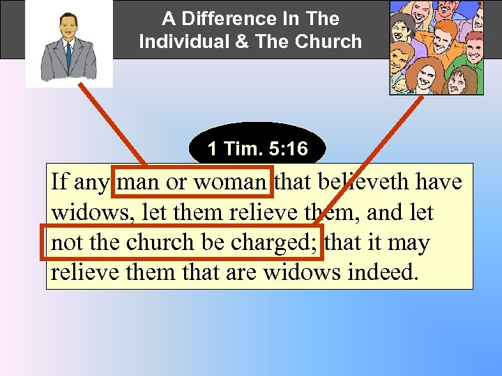 A Difference In The Individual & The Church 1 Tim. 5: 16 If any