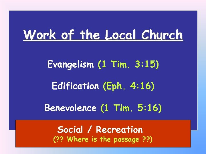 Work of the Local Church Evangelism (1 Tim. 3: 15) Edification (Eph. 4: 16)
