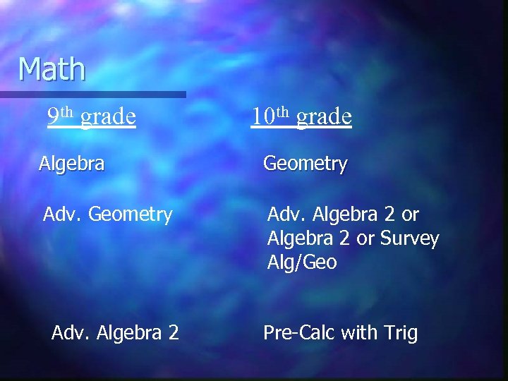 Math 9 th grade 10 th grade Algebra Geometry Adv. Algebra 2 or Survey