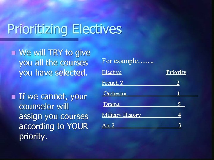 Prioritizing Electives n We will TRY to give you all the courses you have
