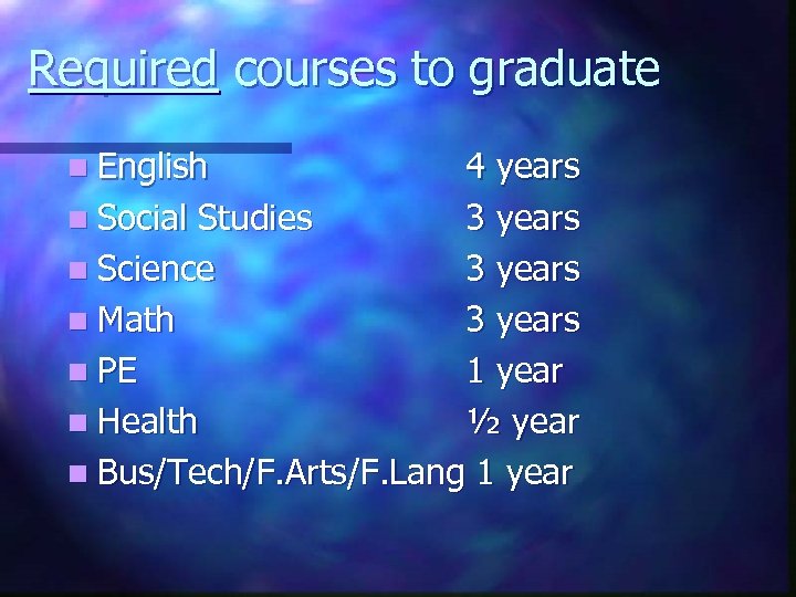 Required courses to graduate n English 4 years n Social Studies 3 years n