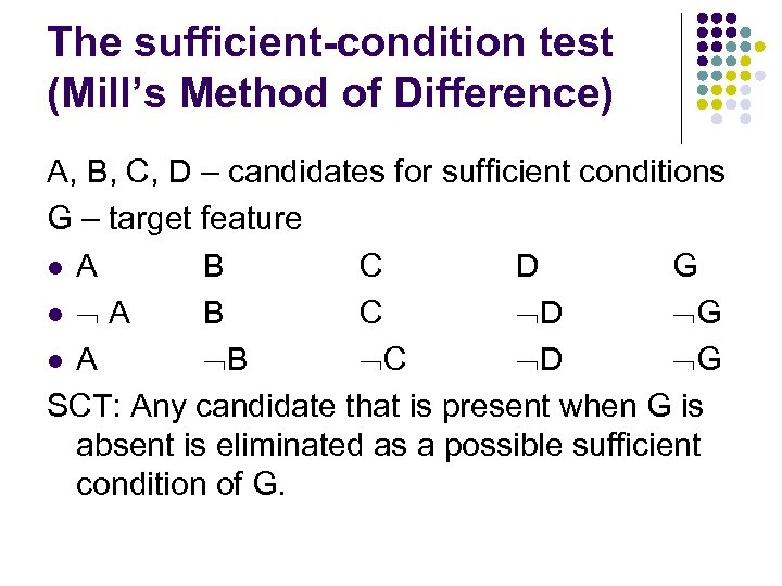 The sufficient-condition test (Mill’s Method of Difference) A, B, C, D – candidates for