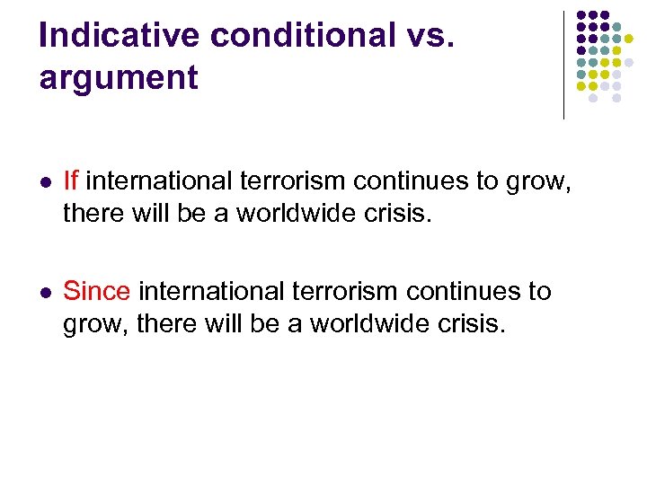 Indicative conditional vs. argument l If international terrorism continues to grow, there will be