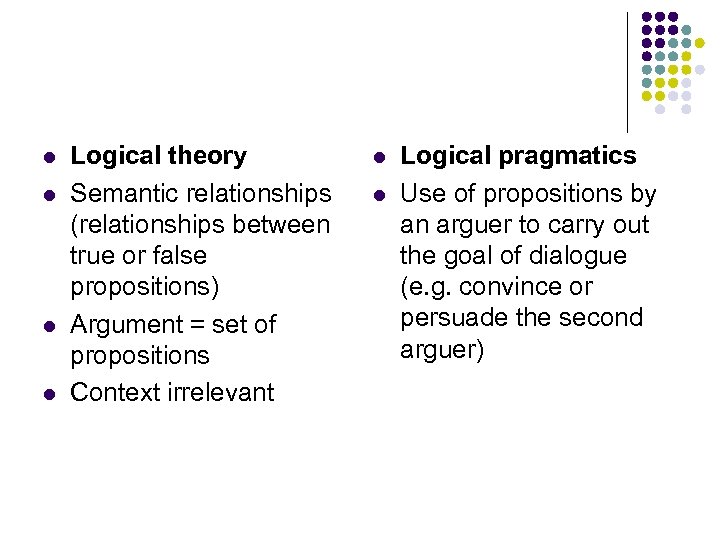 l l Logical theory Semantic relationships (relationships between true or false propositions) Argument =