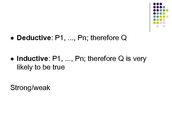 l Deductive: P 1, . . . , Pn; therefore Q l Inductive: P
